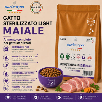 Sacco da 1,5kg di crocchette Partenopet Sterilised Cat Light al maiale per gatti sterilizzati, alimento naturale pressato a freddo prodotto in Italia, senza conservanti né coloranti.