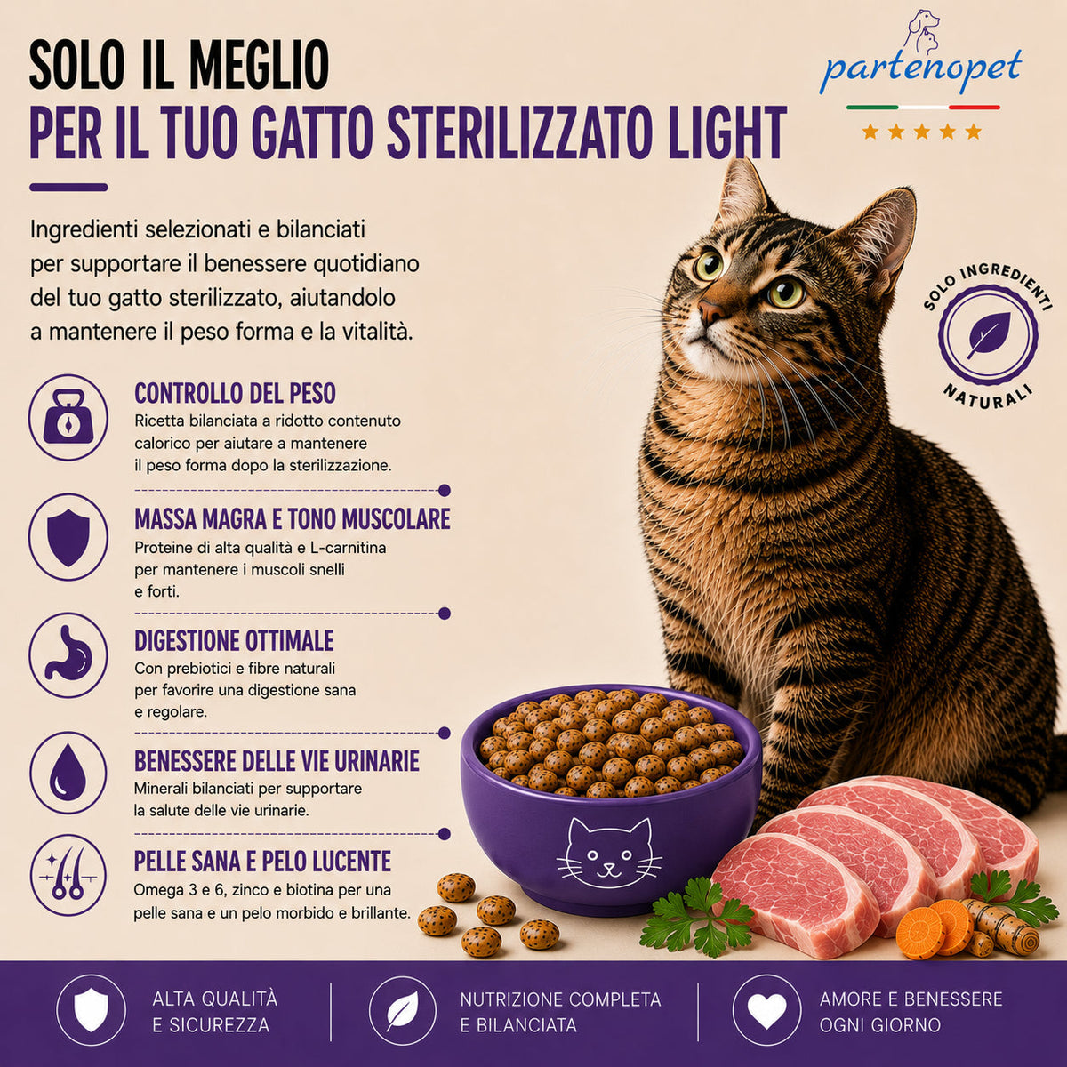 Sacco da 1,5kg di crocchette Partenopet Sterilised Cat Light al maiale per gatti sterilizzati, alimento naturale pressato a freddo prodotto in Italia, senza conservanti né coloranti.