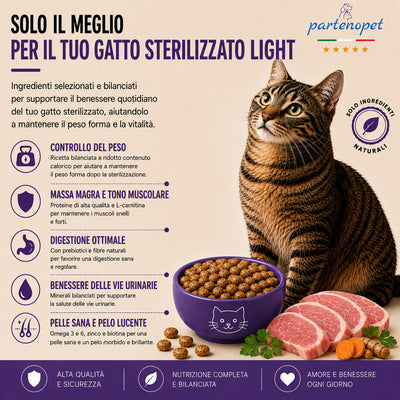 Sacco da 1,5kg di crocchette Partenopet Sterilised Cat Light al maiale per gatti sterilizzati, alimento naturale pressato a freddo prodotto in Italia, senza conservanti né coloranti.