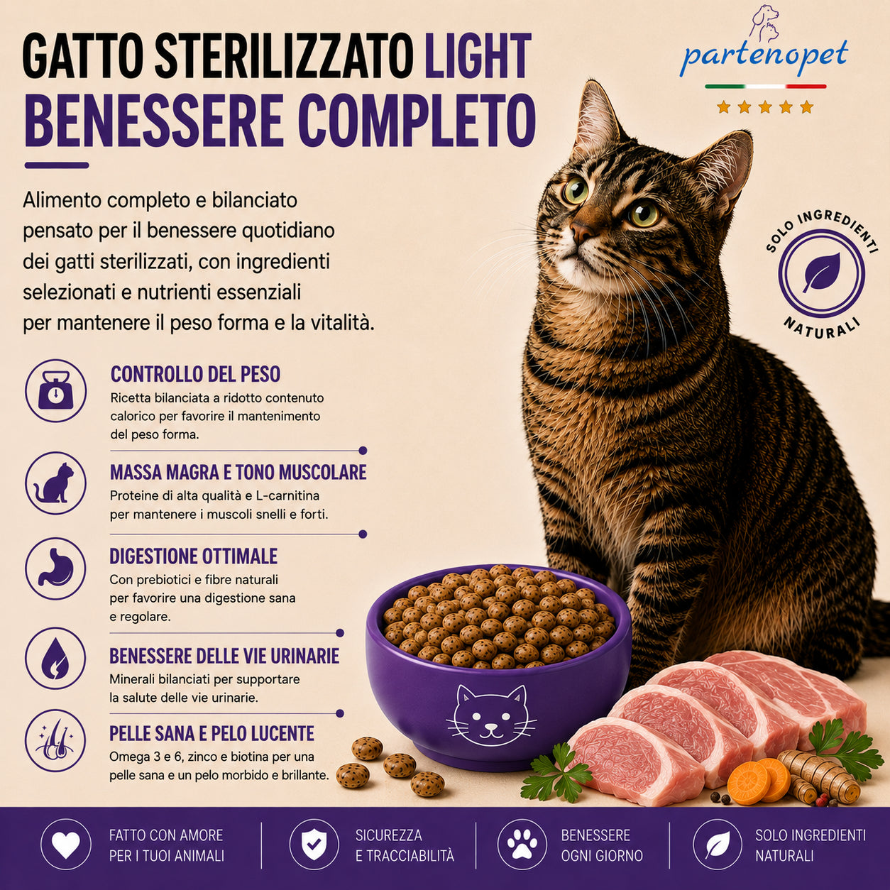 Sacco da 1,5kg di crocchette Partenopet Sterilised Cat Light al maiale per gatti sterilizzati, alimento naturale pressato a freddo prodotto in Italia, senza conservanti né coloranti.