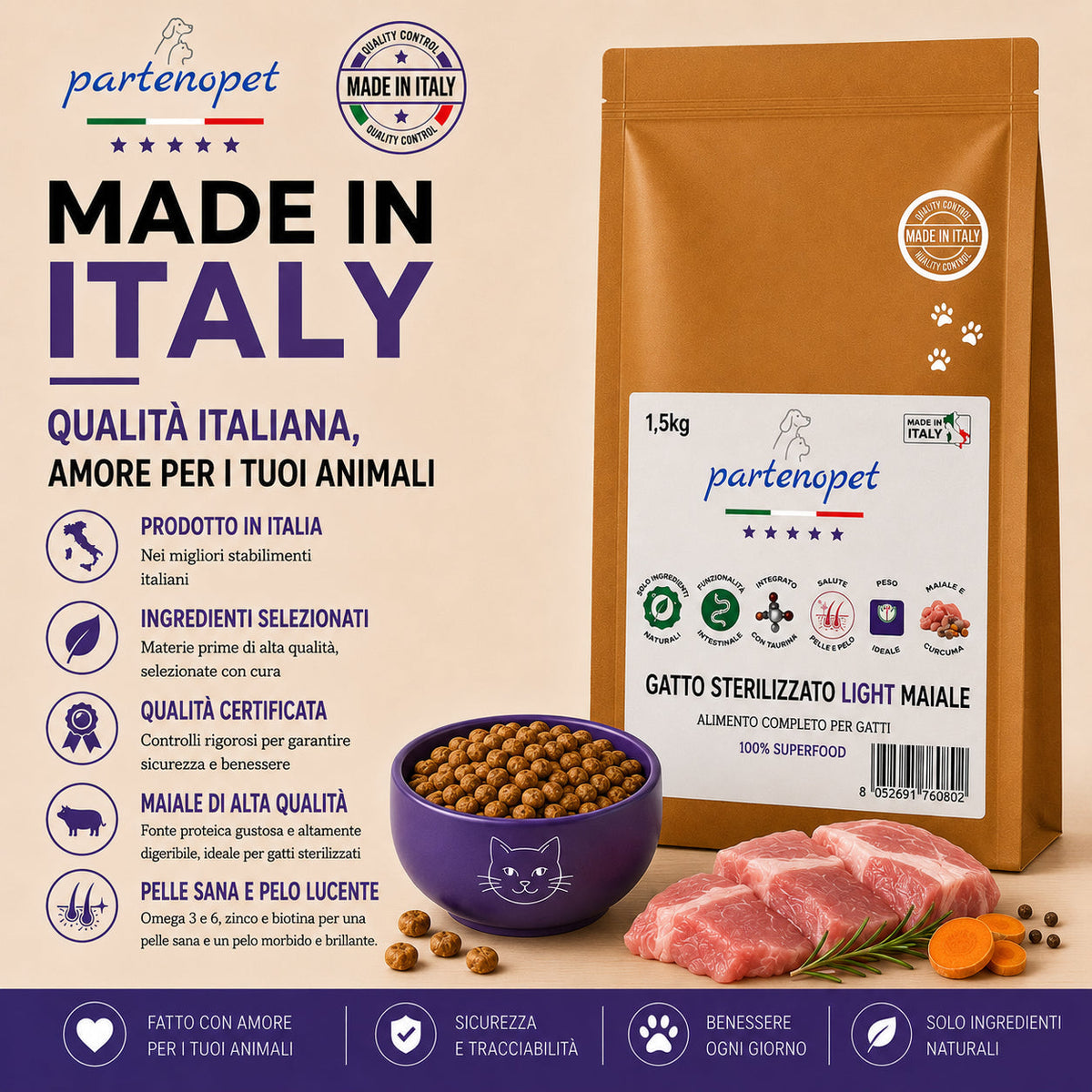 Sacco da 1,5kg di crocchette Partenopet Sterilised Cat Light al maiale per gatti sterilizzati, alimento naturale pressato a freddo prodotto in Italia, senza conservanti né coloranti.