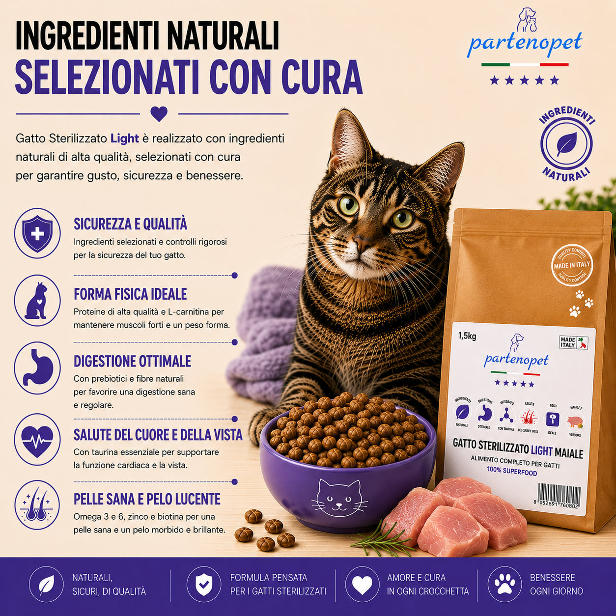 Sacco da 1,5kg di crocchette Partenopet Sterilised Cat Light al maiale per gatti sterilizzati, alimento naturale pressato a freddo prodotto in Italia, senza conservanti né coloranti.