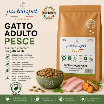 Busta di crocchette al pesce per gatti sterilizzati pressate a freddo senza conservanti e coloranti marca Partenopet da 1,5 kg