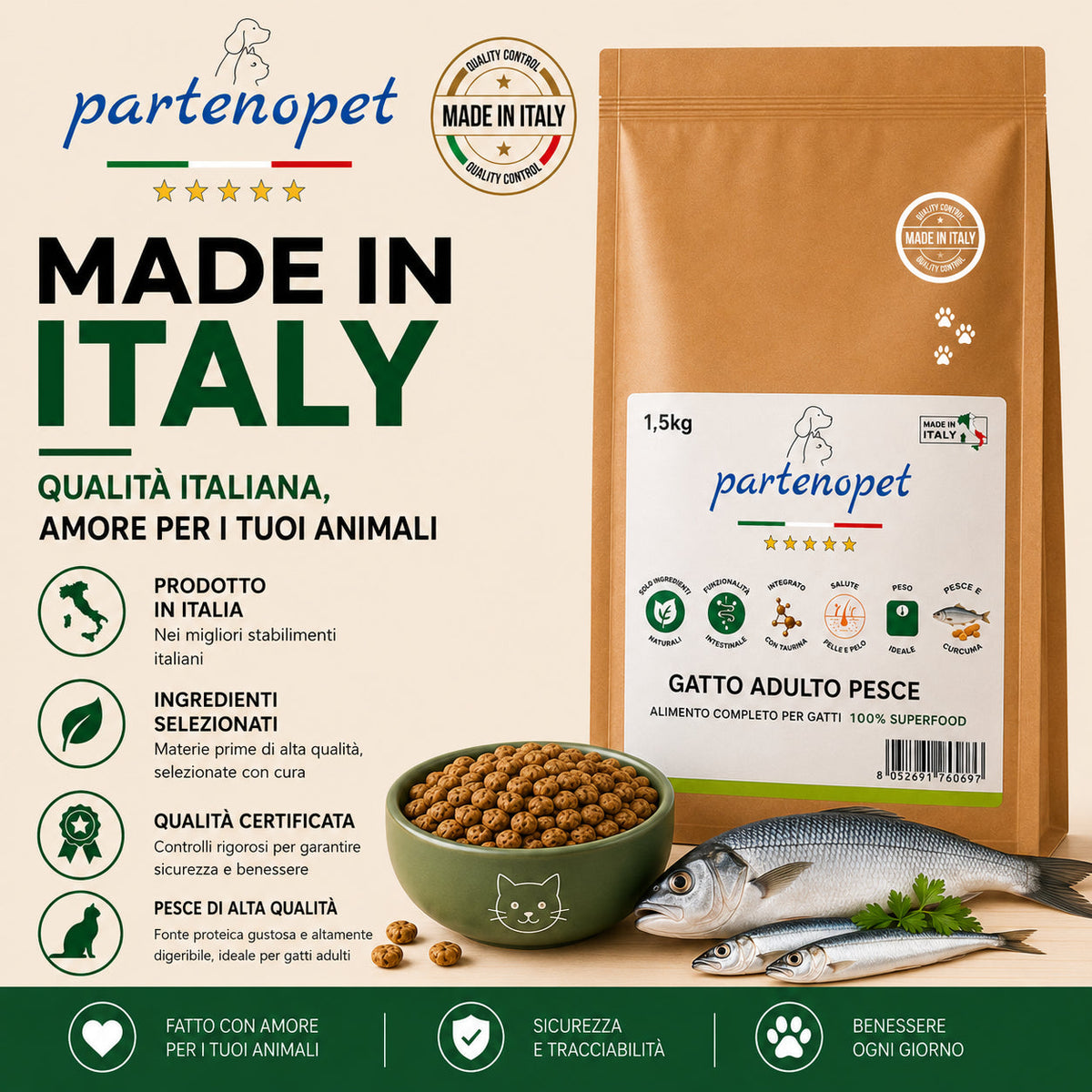 Busta di crocchette al pesce per gatti sterilizzati pressate a freddo senza conservanti e coloranti marca Partenopet da 1,5 kg