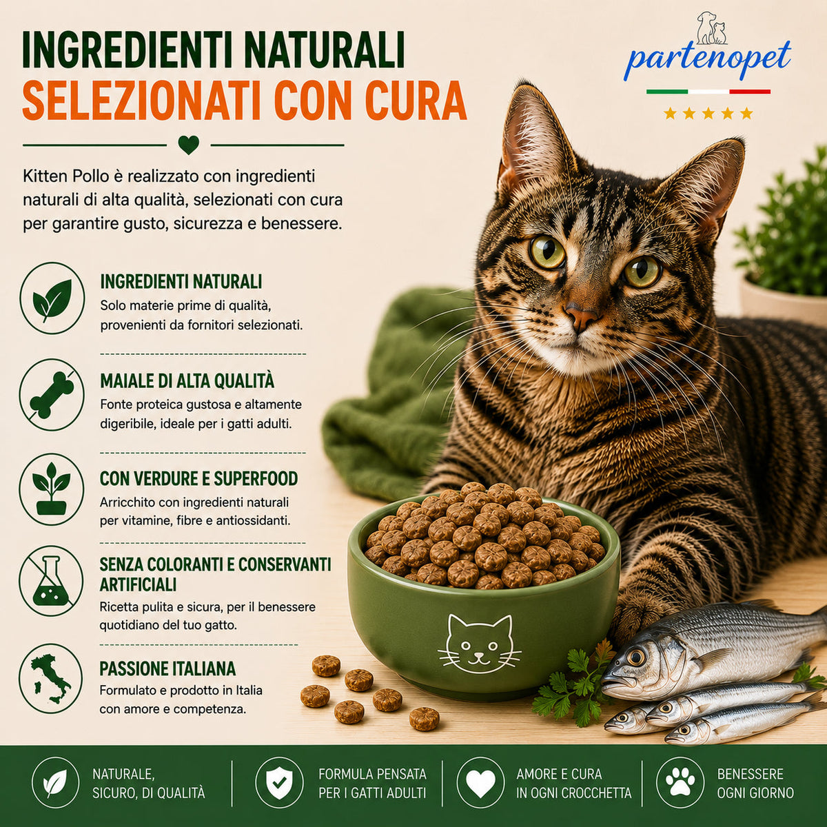 Busta di crocchette al pesce per gatti sterilizzati pressate a freddo senza conservanti e coloranti marca Partenopet da 1,5 kg