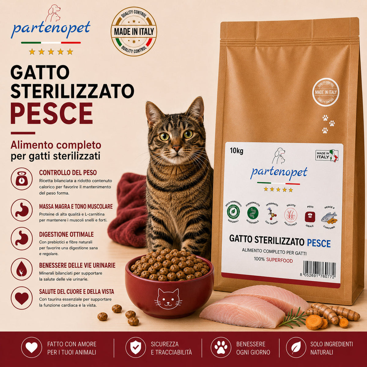 Busta di crocchette al pesce per gatti sterilizzati pressate a freddo senza conservanti e coloranti marca Partenopet da 10 kg