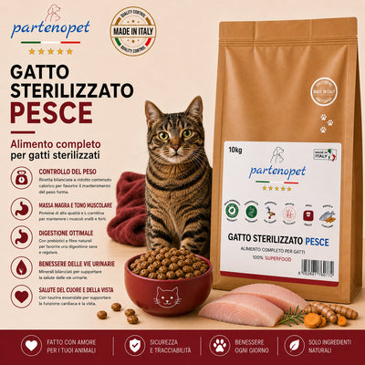 Busta di crocchette al pesce per gatti sterilizzati pressate a freddo senza conservanti e coloranti marca Partenopet da 10 kg