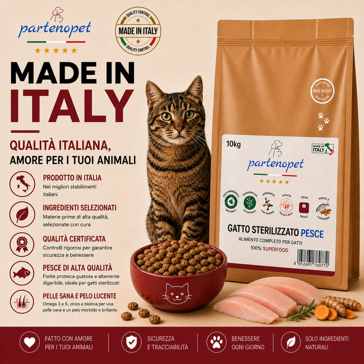 Busta di crocchette al pesce per gatti sterilizzati pressate a freddo senza conservanti e coloranti marca Partenopet da 10 kg
