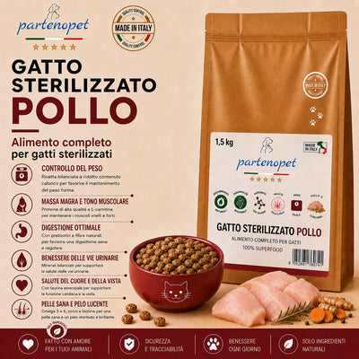 Busta di crocchette al pollo per gatti sterilizzati pressate a freddo senza conservanti e coloranti marca Partenopet da 1,5 kg