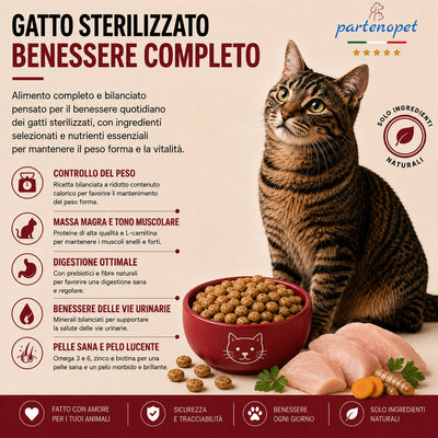 Busta di crocchette al pollo per gatti sterilizzati pressate a freddo senza conservanti e coloranti marca Partenopet da 1,5 kg