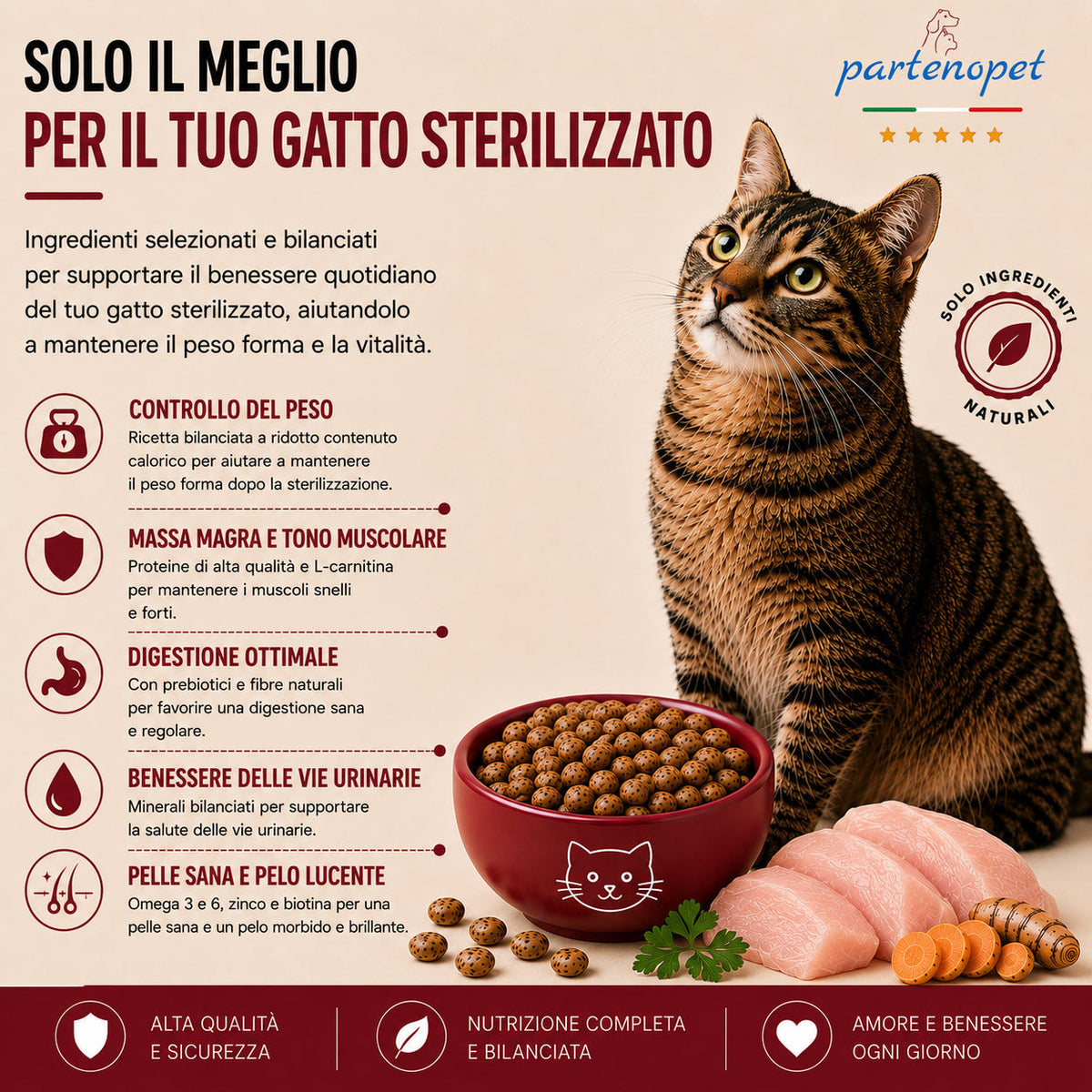 Busta di crocchette al pollo per gatti sterilizzati pressate a freddo senza conservanti e coloranti marca Partenopet da 1,5 kg