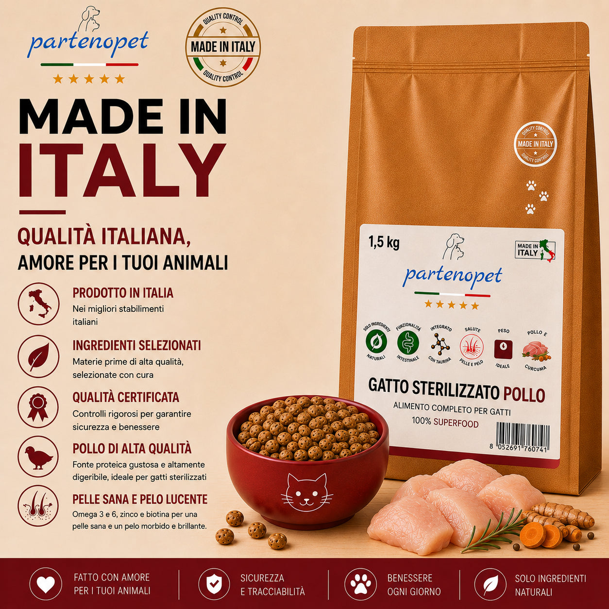 Busta di crocchette al pollo per gatti sterilizzati pressate a freddo senza conservanti e coloranti marca Partenopet da 1,5 kg