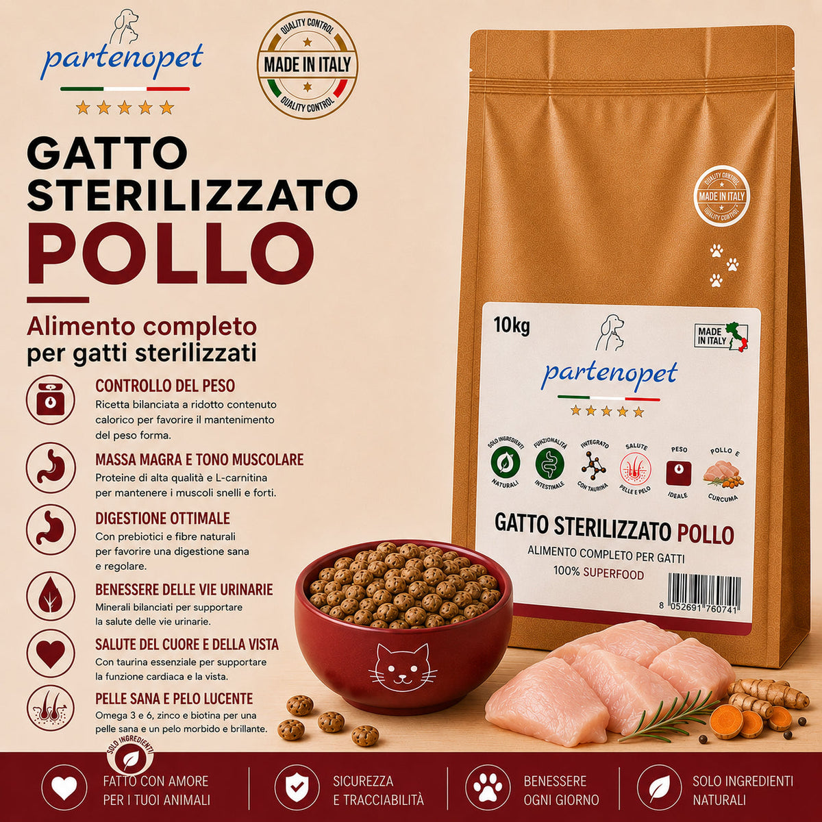 Busta di crocchette al pollo per gatti sterilizzati pressate a freddo senza conservanti e coloranti marca Partenopet da 10 kg