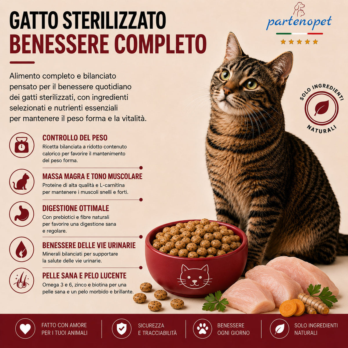 Busta di crocchette al pollo per gatti sterilizzati pressate a freddo senza conservanti e coloranti marca Partenopet da 10 kg