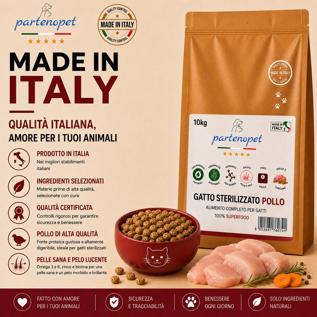 Busta di crocchette al pollo per gatti sterilizzati pressate a freddo senza conservanti e coloranti marca Partenopet da 10 kg